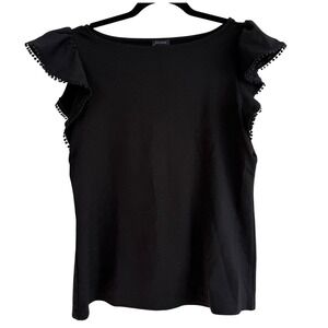 Ann Taylor Black Knit Blouse Ruffle Pom Pom Trim Sleeves Coquette Small Coquette